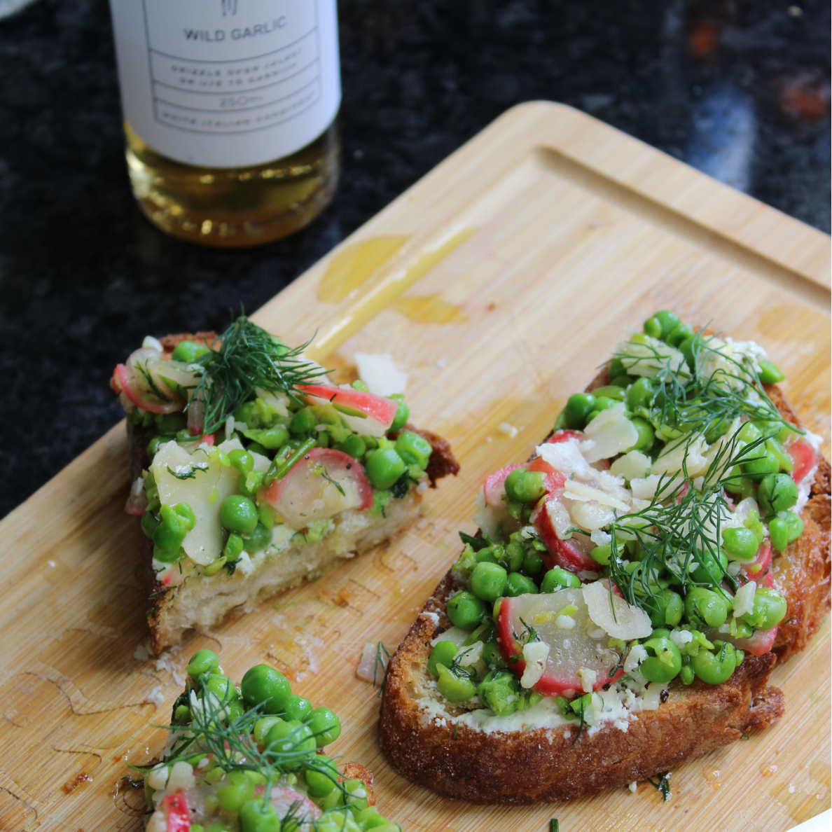 Peas, Pickled Radishes and Parmesan Crostini