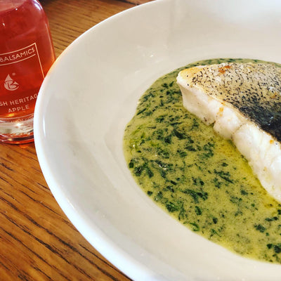 Pan Seared Hake, Heritage Apple White Balsamic and Wild Garlic Sauce