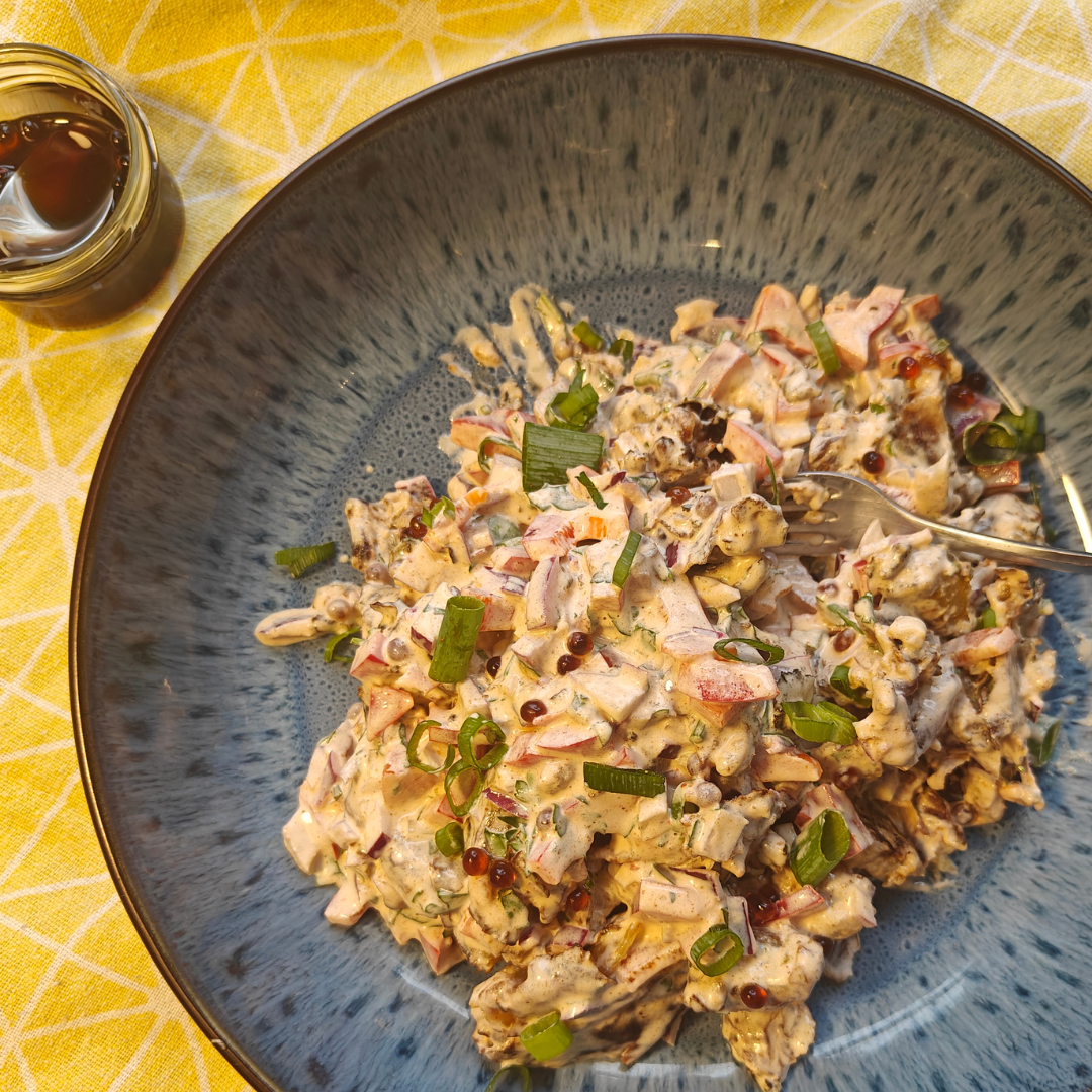 Crispy Potato Salad with Whiskey Balsamic and Black Garlic Pearls