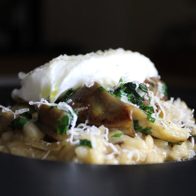 Mushroom Risotto and Egg with Original White Balsamic Vinegar of Modena