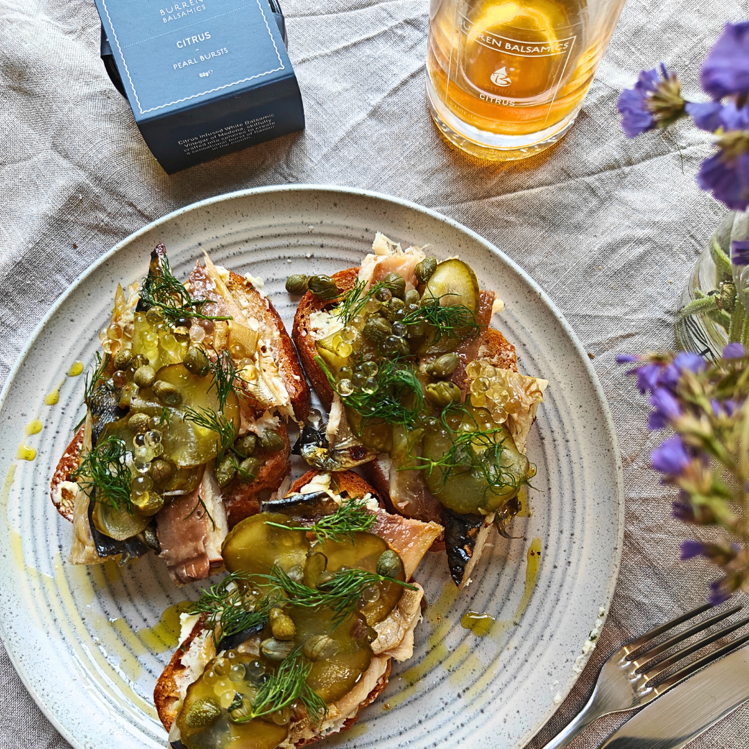 Smoked Mackerel on Toast with Citrus Pearls and Pickled Cucumber