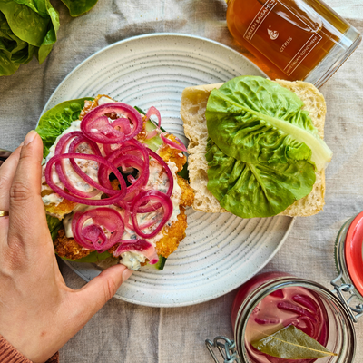 Crispy Chicken Sandwich with blue cheese and smokey pickled onions