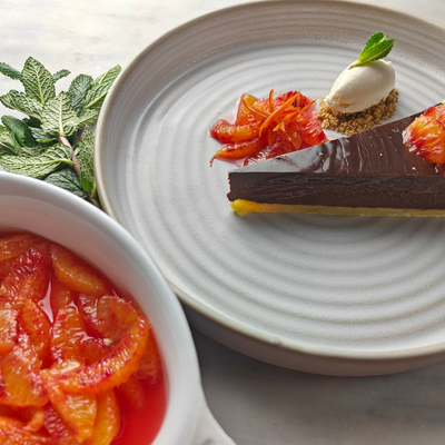 Bob's Whiskey Chocolate Tart with Blood Oranges & Marscapone