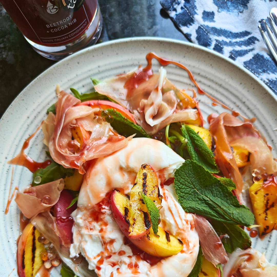Burrata and Grilled Peach Salad with a Beetroot & Cocoa Nib Balsamic Glaze