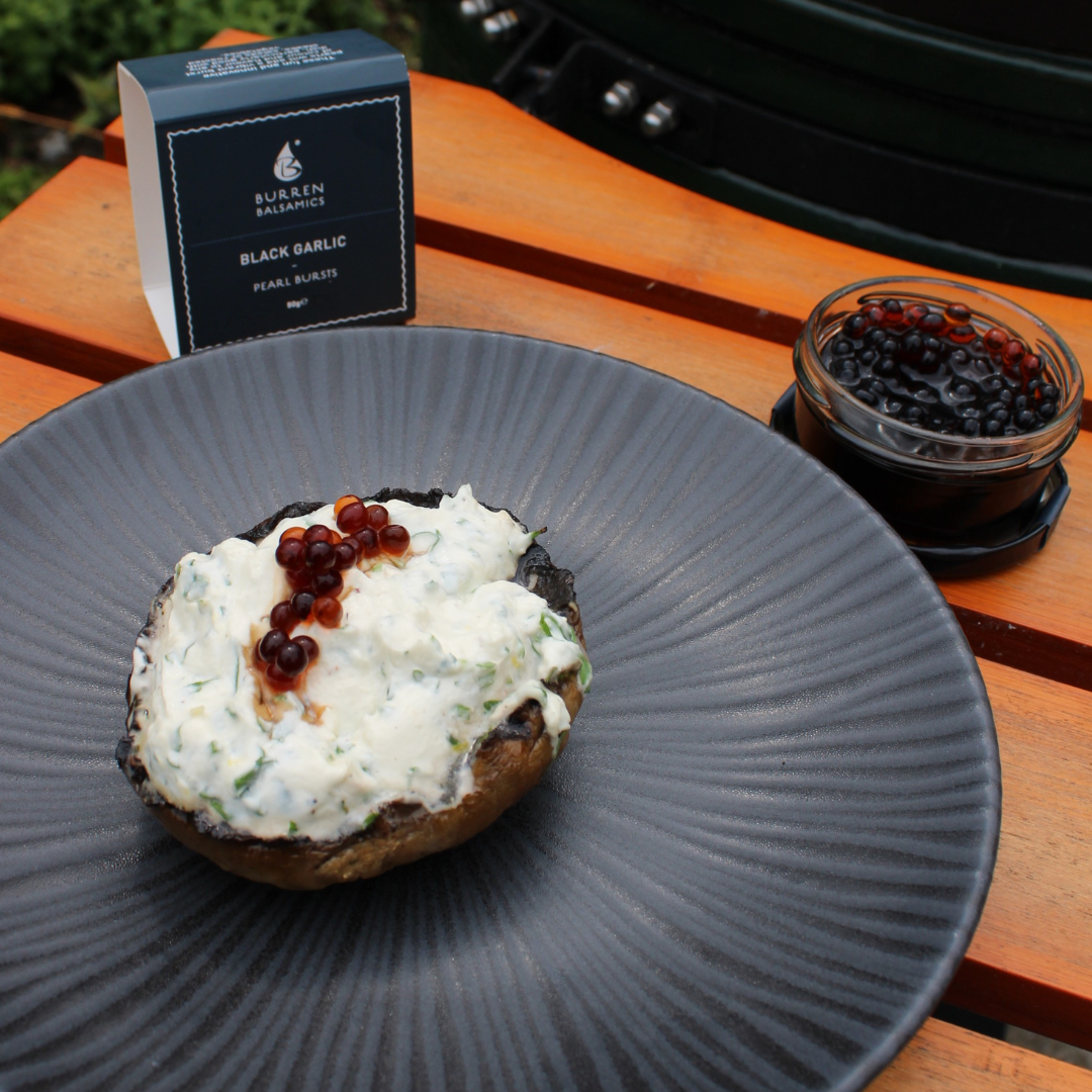 Stuffed Mushrooms with Black Garlic Pearls